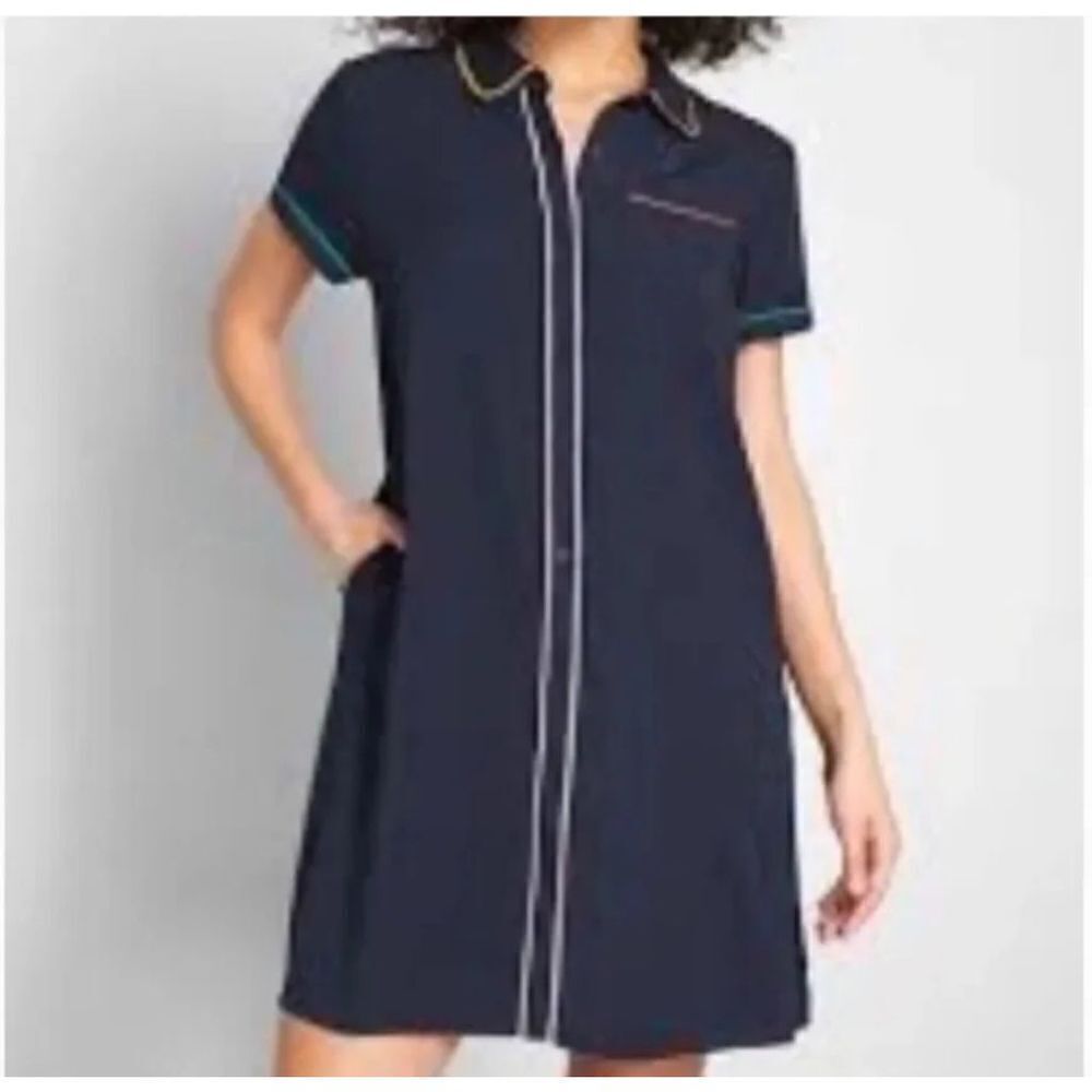 NWOT Modcloth navy shirt dress women’s XS rainbow piping sz Small